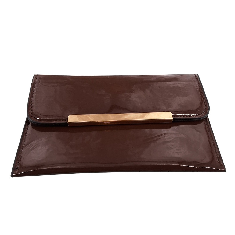 Vintage 70's Brown Patent Clutch‎ Bag Gold Bar Accent Evening Purse